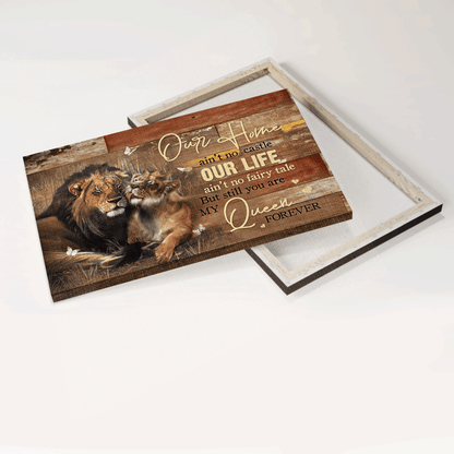 Couple Landscape Canvas- Beautiful couple lion drawing, Gold crown, Rice field canvas- Gift for couple, lover, husband. wife, boyfriend, girlfriend You are my queen forever