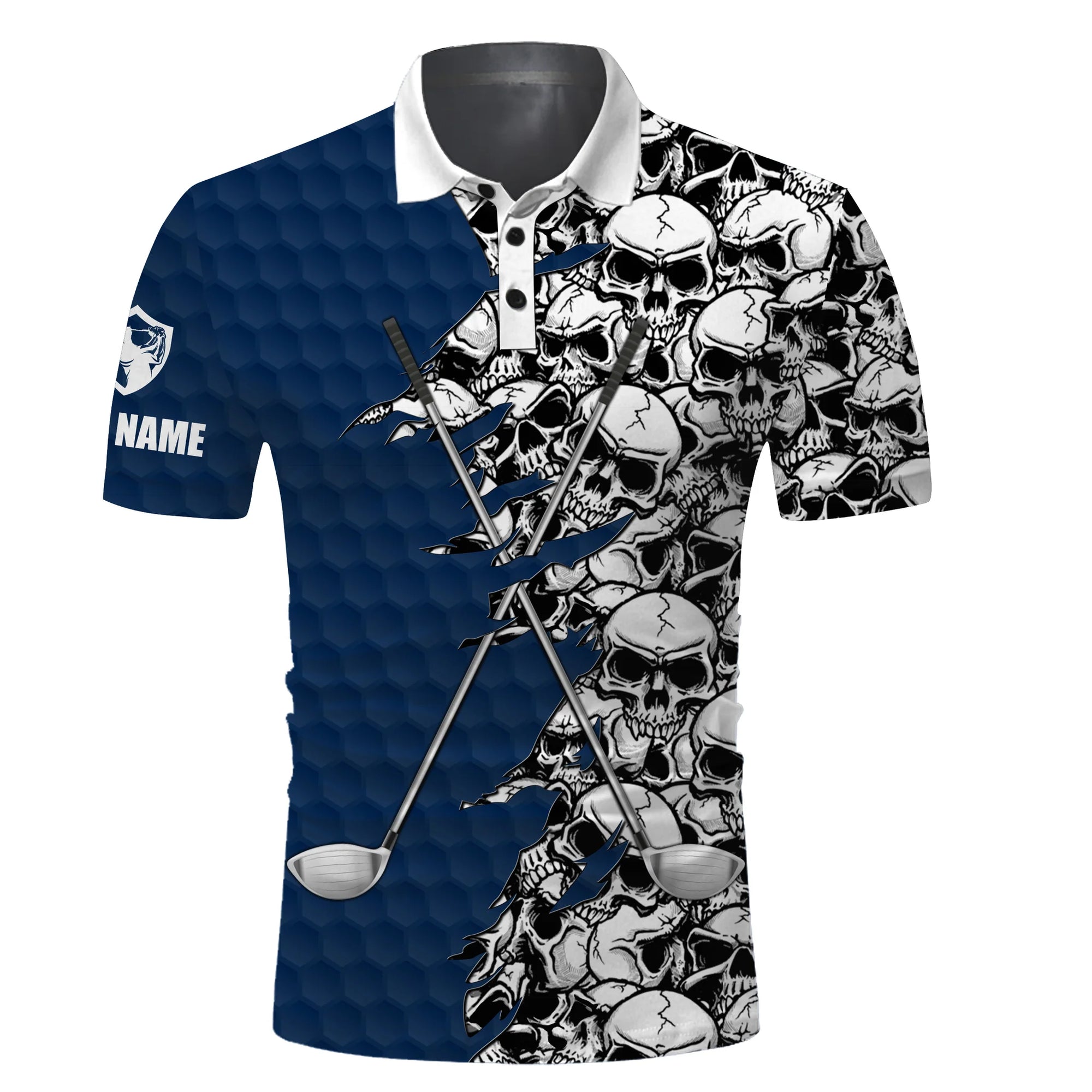 Golf Men Polo Shirts, Blue Pattern Skull golf Clubs Custom Name Golf Performance Apparel - Personalized Gift For Men, Husband, Boyfriend, Lovers