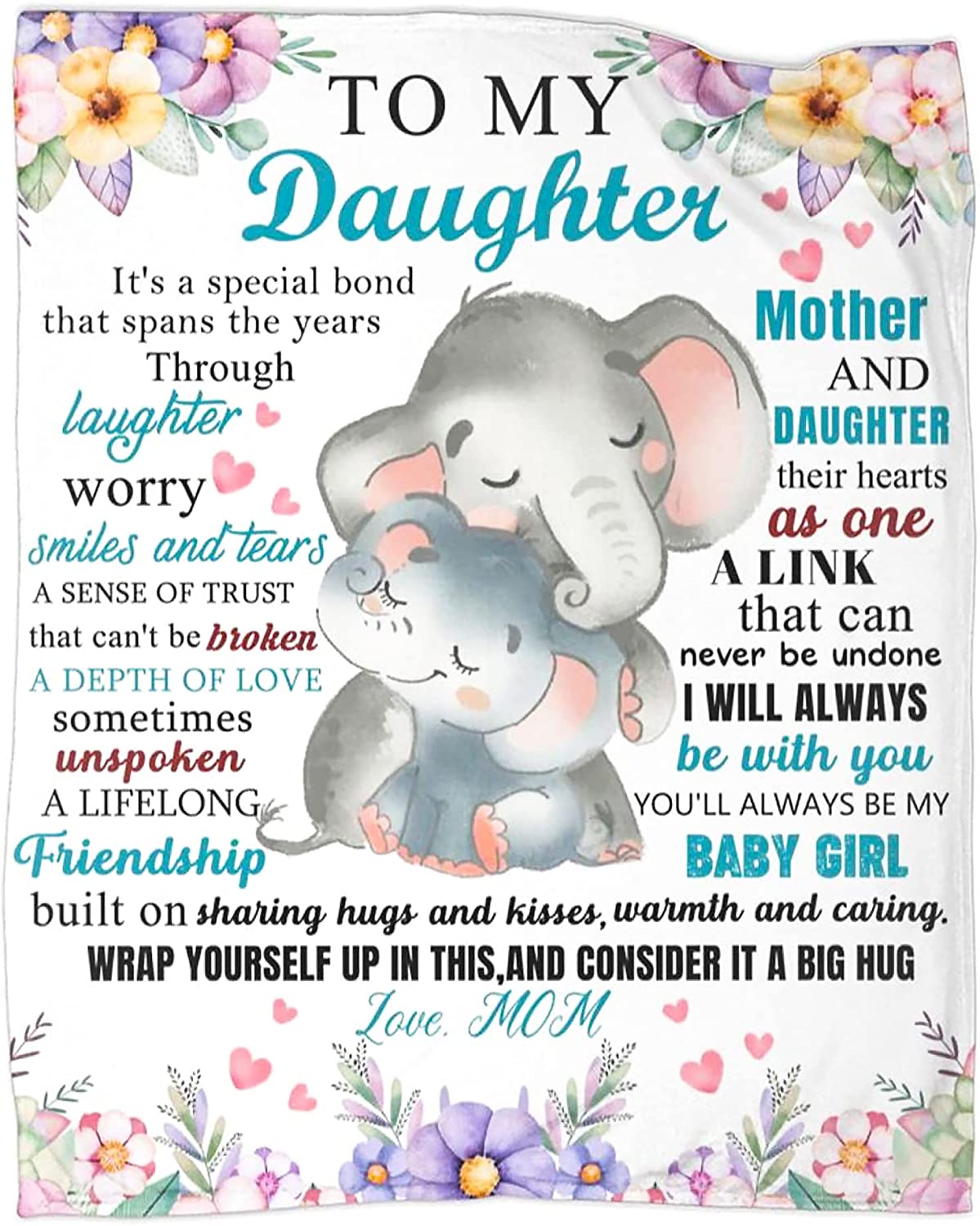 To My Daughter Blanket From Mom, Elephant Throw Blankets, Throws For Valentine Christmas Birthday Graduation Gifts, Gift For Daughter