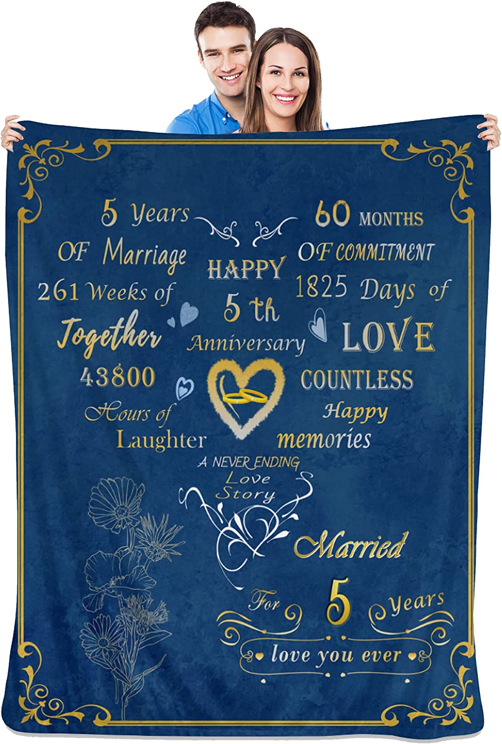 Wedding Anniversary Gift For Couple, 5Th Anniversary Wedding Blanket Gift For Couple Wife Husband Her Him 5 Year Marriage, Romantic Throw Blankets Valentine Day Birthday Gifts