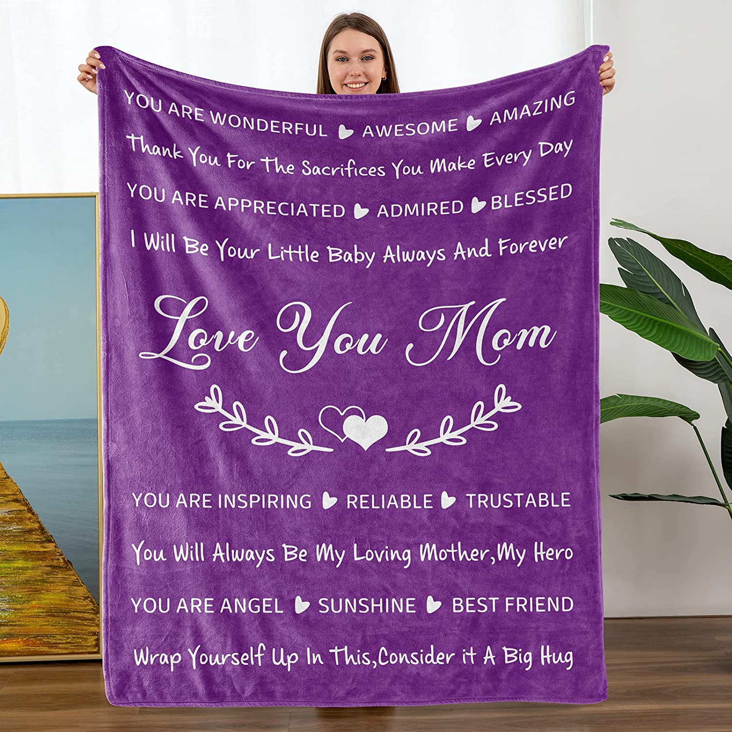 Gift For Mom Blanket - Purple Mom Blanket - I Love You Mom Blanket from Daughter Son, for Christmas, Valentine's Day, Birthday, Mother's Day