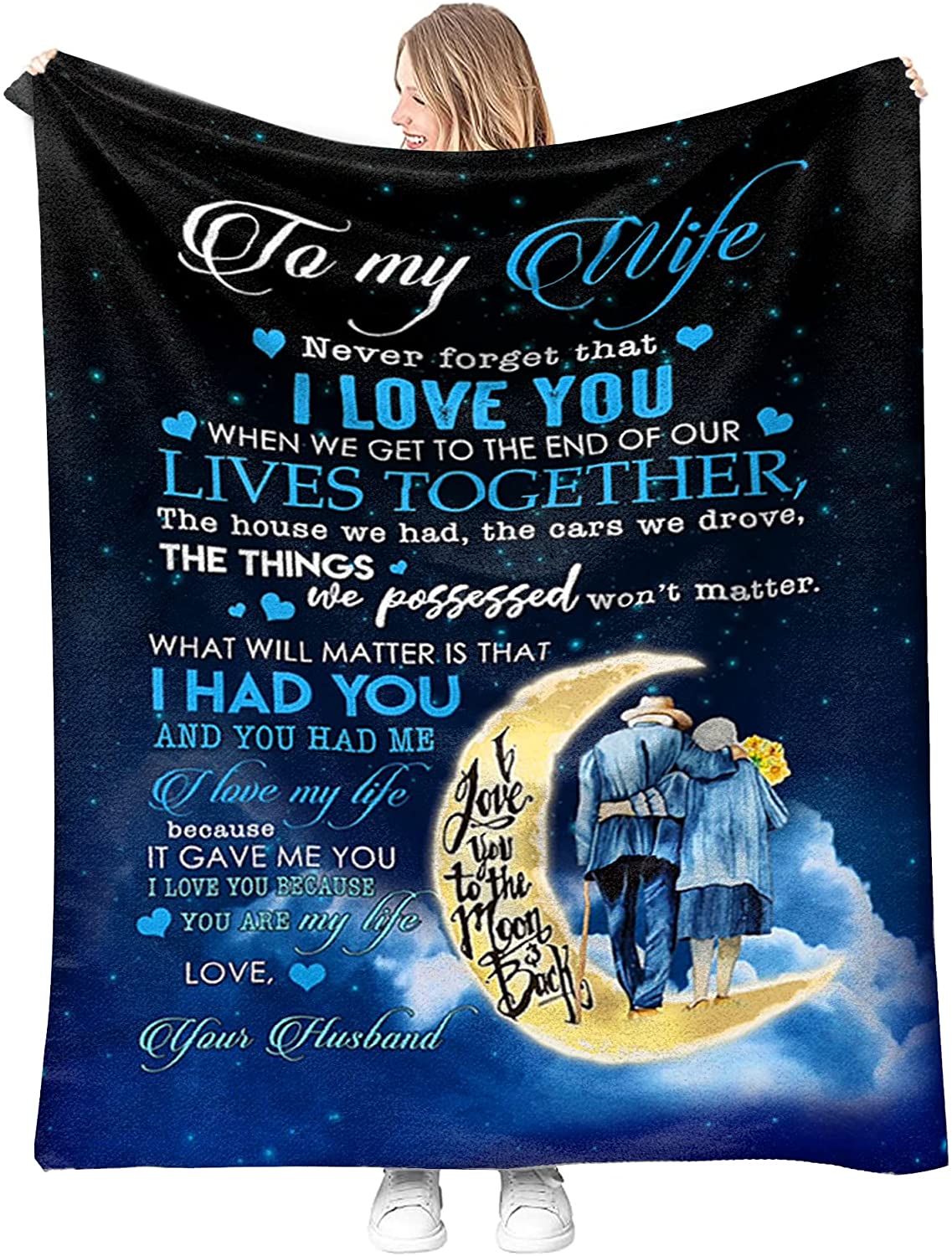 Gift For Wife Blanket - To My Wife, Old Couples, Crescent Moon Blanket - Romantic Gift For Wife From Husband, Birthday, Christmas, Valentines, Anniversary Blanket - I Love You Blanket