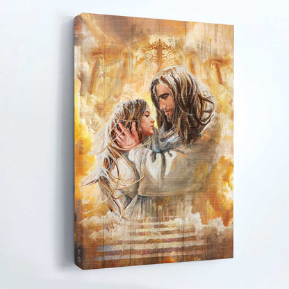 God, Faith, Jesus Landscape Canvas, Christian Wall Art - Beautiful woman, Jesus painting, Golden cloud drawing, First day in heaven Landscape Canvas - Wall Decor Framed Gift For Christian, Believe in Jesus