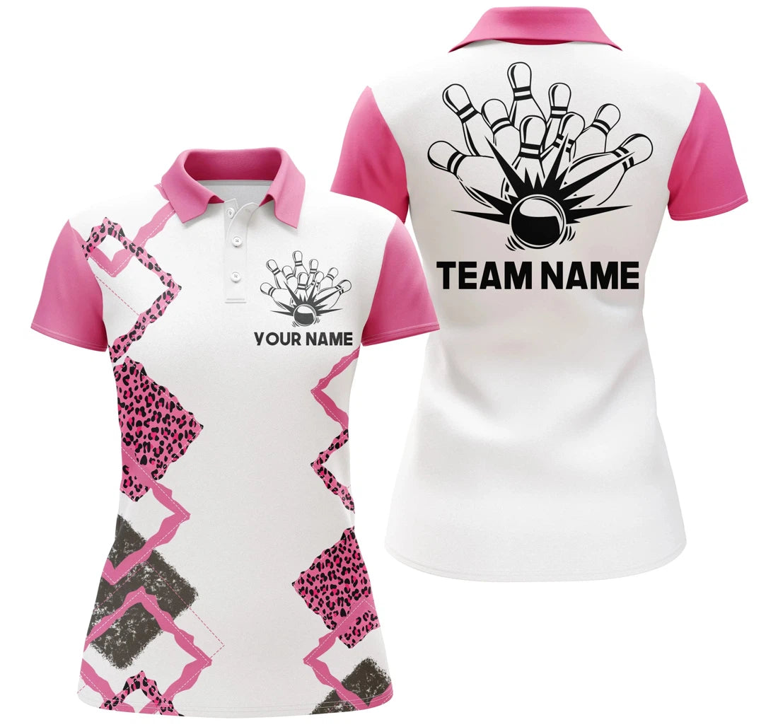 Bowling Custom Name Custom Team Women Polo Shirt, Pink Leopard Girl Personalized - Gift Sport For Mother's Day, Women, Team Bowlers