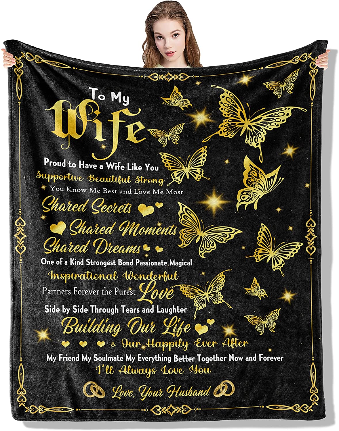 To My Wife Blanket, Wife Gifts Blanket From Husband, Valentine's Day Gifts For Wife, Wife Birthday Gift Ideas - To My Wife Gold Butterfly Blanket