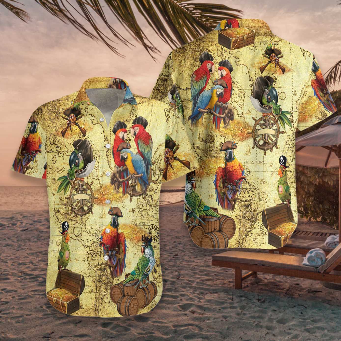 Amazing Pirate Parrots Hawaiian Shirt, Vintage Map Aloha Shirt For Men & Women, Best Gift For Husband, Wife, Boyfriend, Girlfriend, Friend, Family