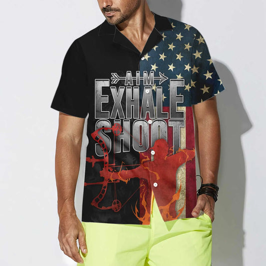Archery American Flag Hawaiian Shirt, Aim Exhale Shoot Aloha Shirt For Men Women, Perfect Gift For Archery Lovers, Patriots, 4th Of July