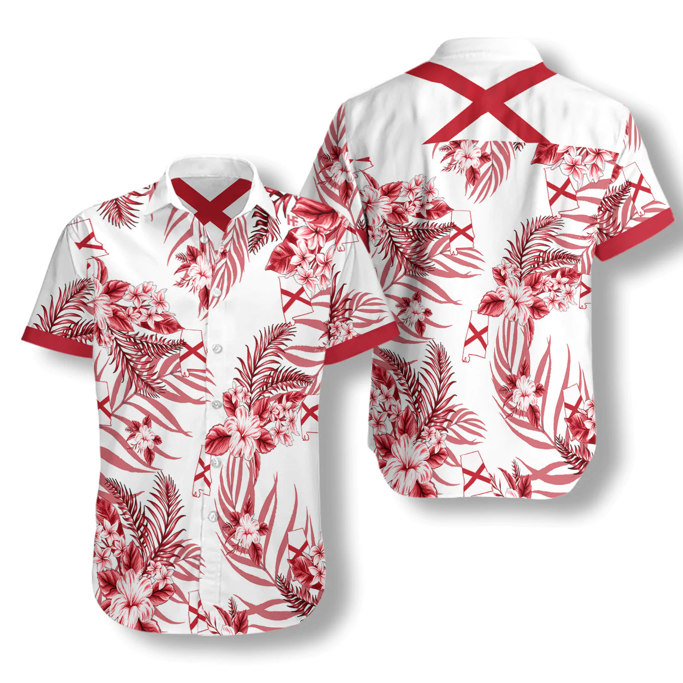 Red Tropical Flower Alabama Flag Hawaiian Shirt, Alabama Proud Aloha Shirt For Men And Women, Perfect Gift For Friends, Husband, Boyfriend, Wife, Girlfriend, Family