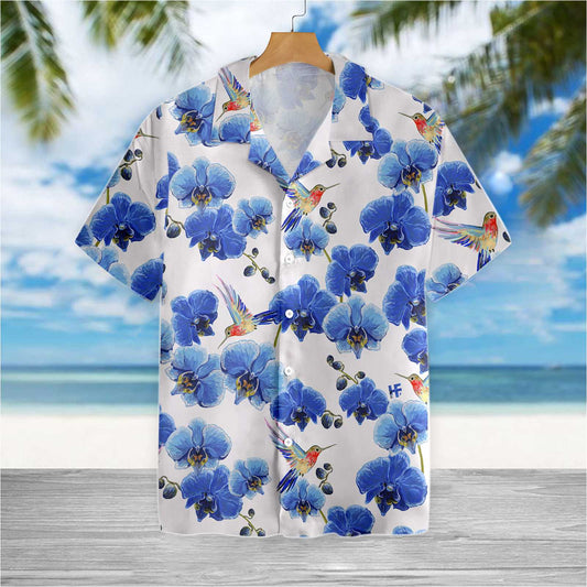 Amazing Hummingbird, Blue Orchid Flower Hawaiian Shirt ,Beautiful tropical vintage Hawaiian Shirt - Best Gift For Husband, Wife, Boyfriend, Girlfriend