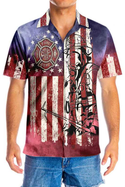 American Flag Fire Dept Firefighter Hawaiian Shirt, Fire Department Logo Firefighter Aloha Shirt For Men, Best Gift For Firefighter