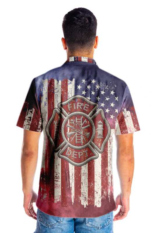 American Flag Fire Dept Firefighter Hawaiian Shirt, Fire Department Logo Firefighter Aloha Shirt For Men, Best Gift For Firefighter