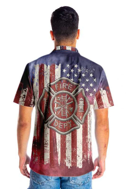American Flag Fire Dept Firefighter Hawaiian Shirt, Fire Department Logo Firefighter Aloha Shirt For Men, Best Gift For Firefighter