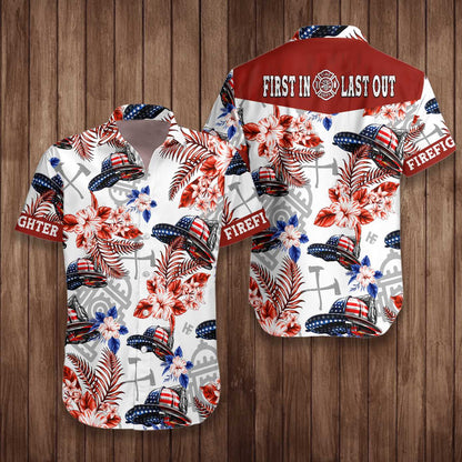 American Flag Firefighter Helmet Seamless Firefighter Hawaiian Shirt, Texas Bluebonnet Firefighter Aloha Shirt For Men, Best Gift For Firefighter Patriot