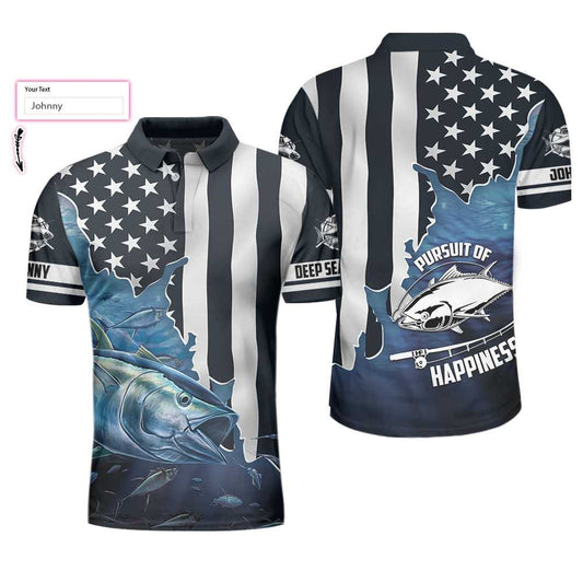 Personalized Fishing Men Polo Shirt, American Flag Tuna Pursuit of Happiness Custom Polo Shirt, Shirt, Best Fishing Custom Shirt For Men