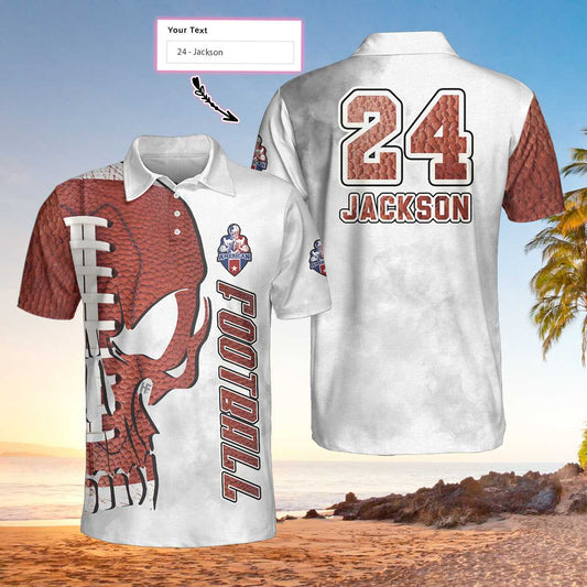 Personalized American Football Custom Men Polo Shirt, Skull Short Sleeve Custom Polo Shirt, Pigskin Pattern Skull Polo Shirt, Best Football Shirt For Men