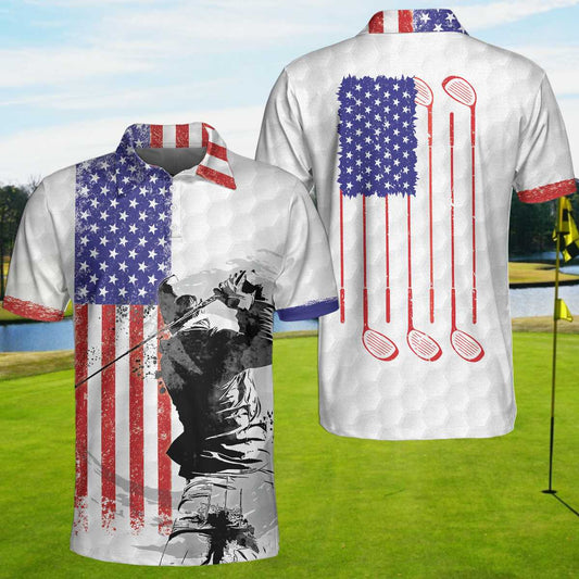 American Golfer Short Sleeve Golf Men Polo Shirt, Golf Club Style American Flag Polo Shirt, Patriotic Golf Shirt For Men, Gift For Golfers