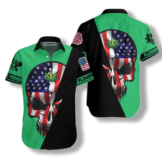 Skull American Flag Marijuana Power Hawaiian Shirt, Flower Power Aloha Shirt For Men & Women, Best Gift For Husband, Wife, Boyfriend, Girlfriend