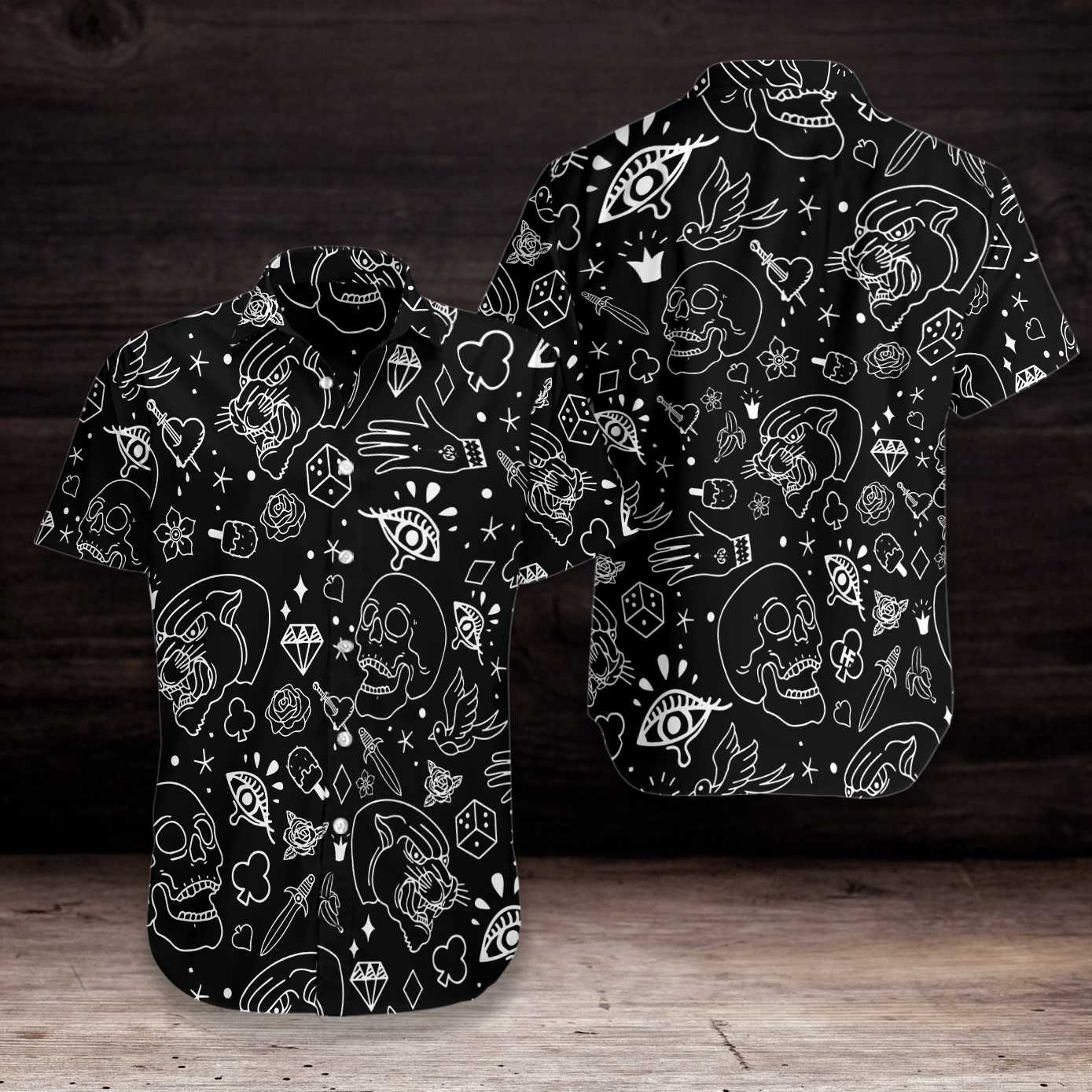 American Traditional Flash Tattoo Skull Hawaiian Shirt, Symbol Tattoo Aloha Shirt For Men & Women, Best Gift For Husband, Wife, Boyfriend, Girlfriend