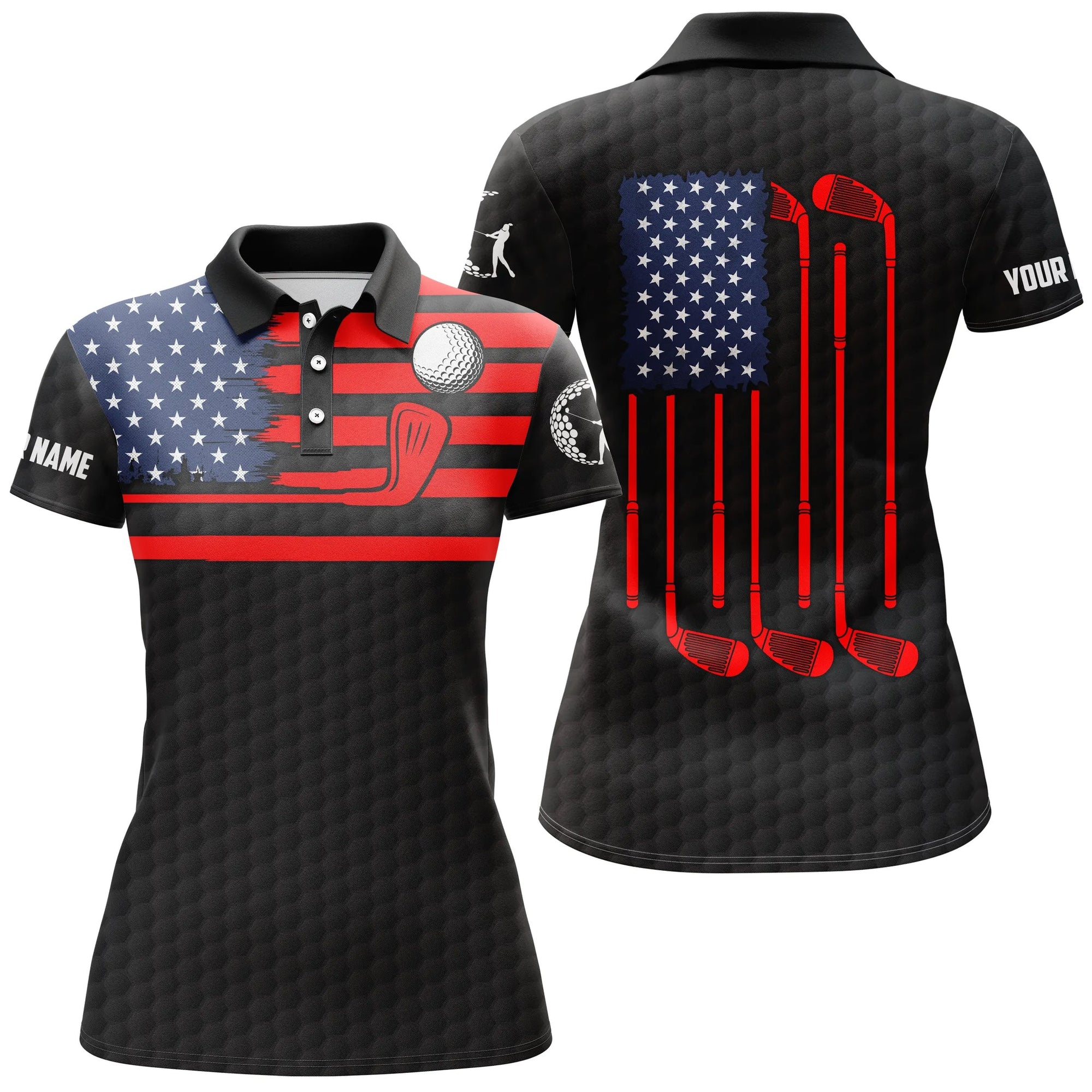 American Flag Patriotic Womens Golf Polo Shirt Custom Name Black Golf Polo Shirt, Unique Golf Gifts, Perfect Gift For Women