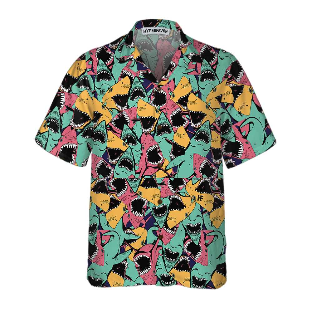 Angry Shark Seamless Pattern Hawaiian Shirt, Shark Shirt Button Up For Adults, Shark Print Aloha Shirt, Best Gift For Husband, Wife, Boyfriend, Girlfriend