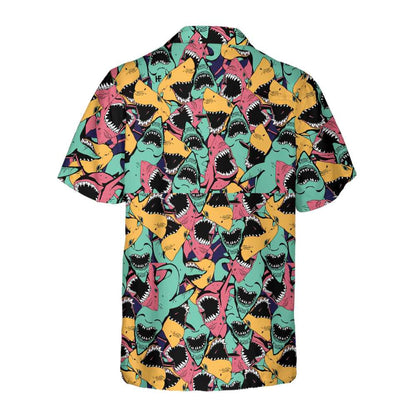 Angry Shark Seamless Pattern Hawaiian Shirt, Shark Shirt Button Up For Adults, Shark Print Aloha Shirt, Best Gift For Husband, Wife, Boyfriend, Girlfriend