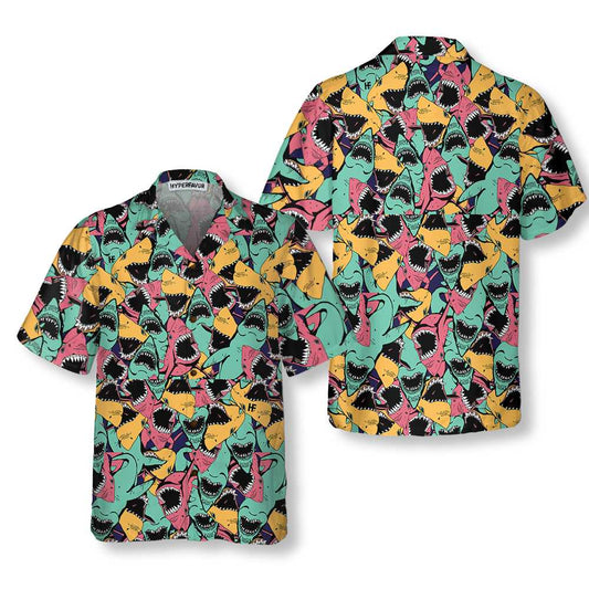 Angry Shark Seamless Pattern Hawaiian Shirt, Shark Shirt Button Up For Adults, Shark Print Aloha Shirt, Best Gift For Husband, Wife, Boyfriend, Girlfriend