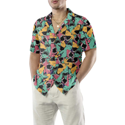Angry Shark Seamless Pattern Hawaiian Shirt, Shark Shirt Button Up For Adults, Shark Print Aloha Shirt, Best Gift For Husband, Wife, Boyfriend, Girlfriend