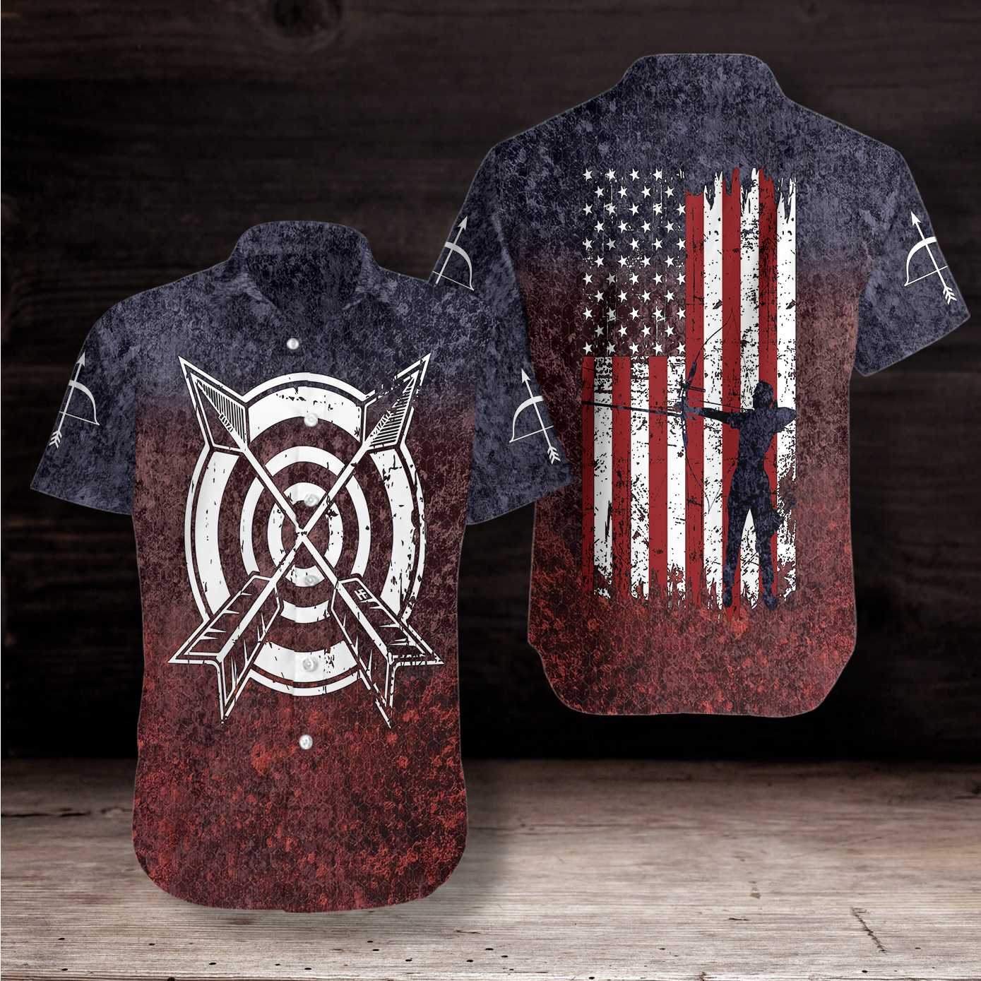 Archery USA Flag Hawaiian Shirt, Navy Red Aloha Shirt For Men & Women, Best Gift For Summer, Husband, Wife, Boyfriend, Girlfriend