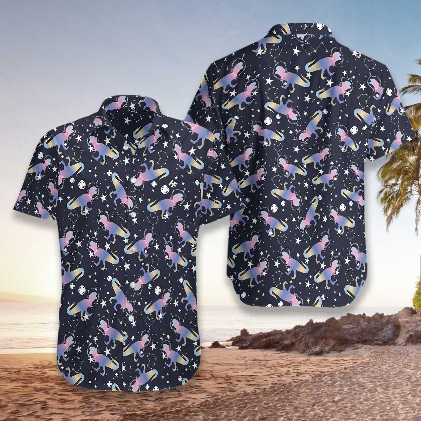 Astro T-Rex Dinosaur Hawaiian Shirt, Dinosaur Aloha Shirt For Men & Women, Best Gift For Dinosaur Lovers, Summer, Husband, Wife, Boyfriend, Girlfriend
