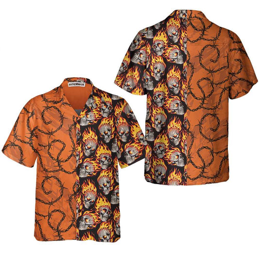 Barbwire Fire Skull Biker Motorcycle Hawaiian Shirt, Biker Aloha Shirt Summer For Men, Unique Gift For Bikers, Summer, Husband, Boyfriend