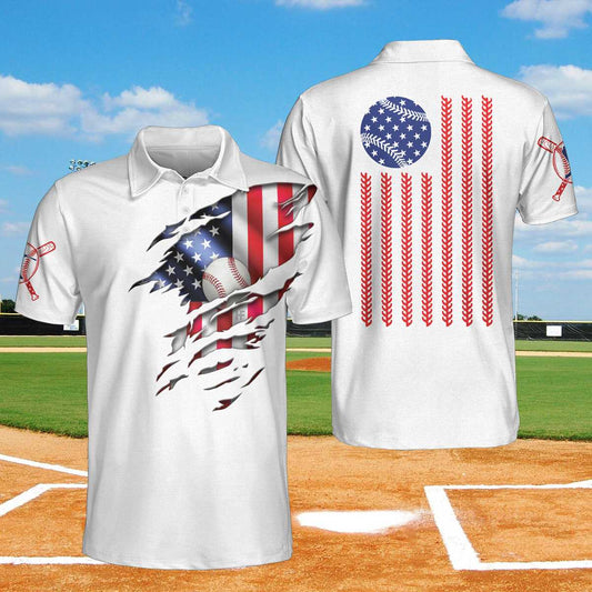 Baseball American Flag Men Polo Shirt, White Baseball USA Flag Polo Shirt, Patriotic Baseball Shirt For Men, Gift For Golfers