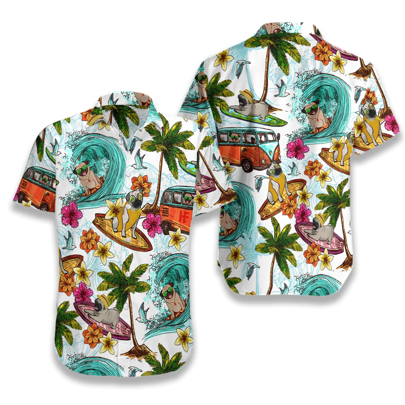 Beach Pugs Hawaiian Shirt, Pugs Surfing On Beach, Tropical Summer Aloha Shirt For Men And Women- Perfect Gift For Pug Lovers, Friends, Husband, Boyfriend, Family