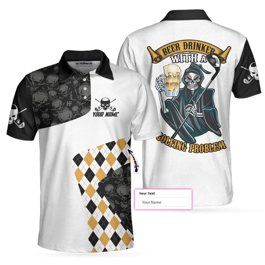 Beer and Golf Custom Men Polo Shirt, Beer Drinker With A Golfing Problem Custom Polo Shirt, Skull Argyle Pattern Golf Shirt, Golf Shirt Beer Lovers