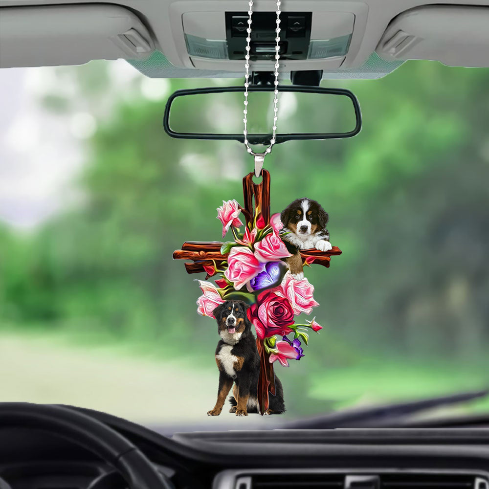 Bernese Mountain Roses and Jesus Ornament - Dog Car Hanging Ornament - Gift For Dog Mom, Dog Lover, Dog Owner