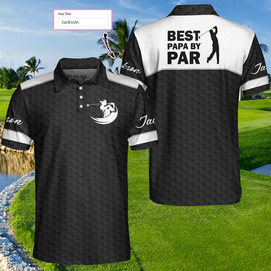 Best Papa By Par Black Golf Pattern Custom Men Polo Shirt, Personalized Polo Shirt, Best Golf Shirt For Men