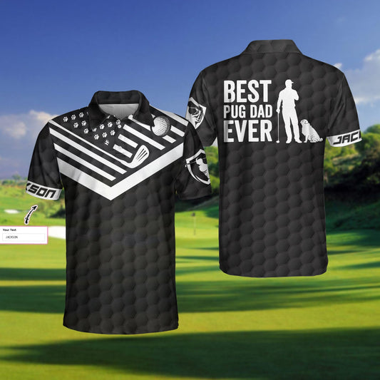 Best Pug Dad Ever Golfer Custom Men Polo Shirt, Personalized Black American Flag Golf Shirt For Men, Golf Shirt For Pug Lovers, Pug Dad