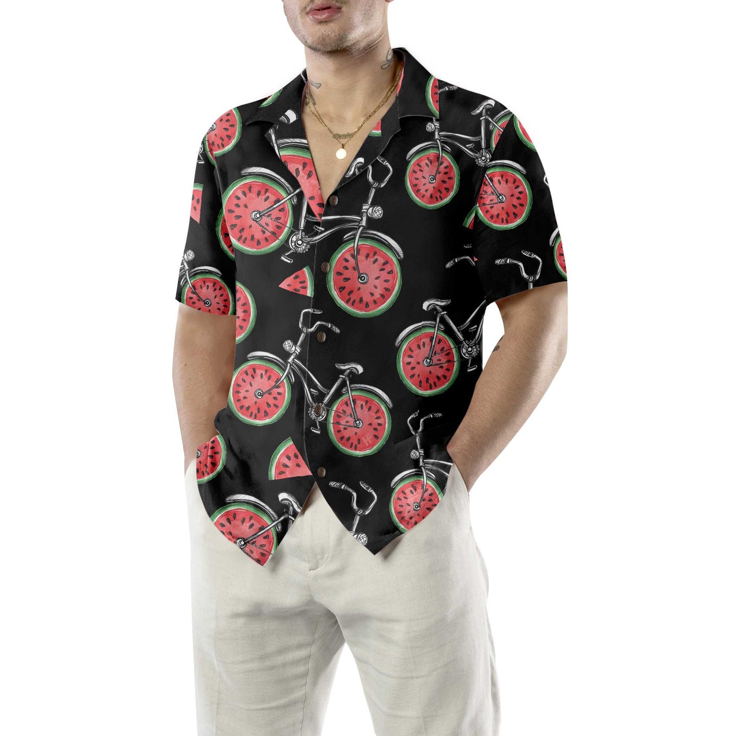 Bicycles With Watermelon Wheels Hawaiian Shirt, Funny Cycling Shirt For Men And Women, Tropical Summer Fruits Aloha Shirt, Perfect Gift For Summer Fruits Lovers, Friends, Husband, Boyfriend, Family