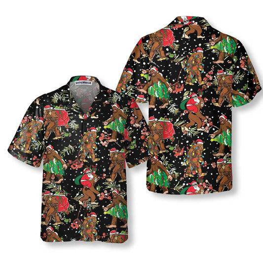 Bigfoot Santa Claus With Christmas Pattern Hawaiian Shirt, Funny Christmas Bigfoot Shirt, Gift For Christmas, Bigfoot Santa Claus Aloha Shirt For Men, Perfect Gift For Christmas Lovers, Friends, Husband, Boyfriend, Family
