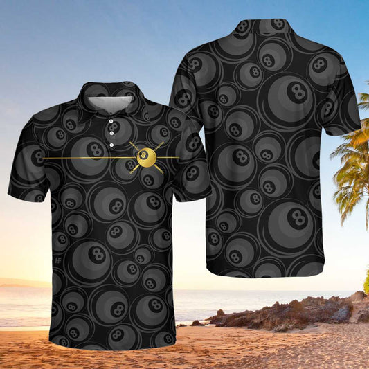 Men Polo Shirt - Billiards Black Background And Golden Pattern Polo Shirt - 8-ball Polo Shirt, Best Billiards Shirt For Men