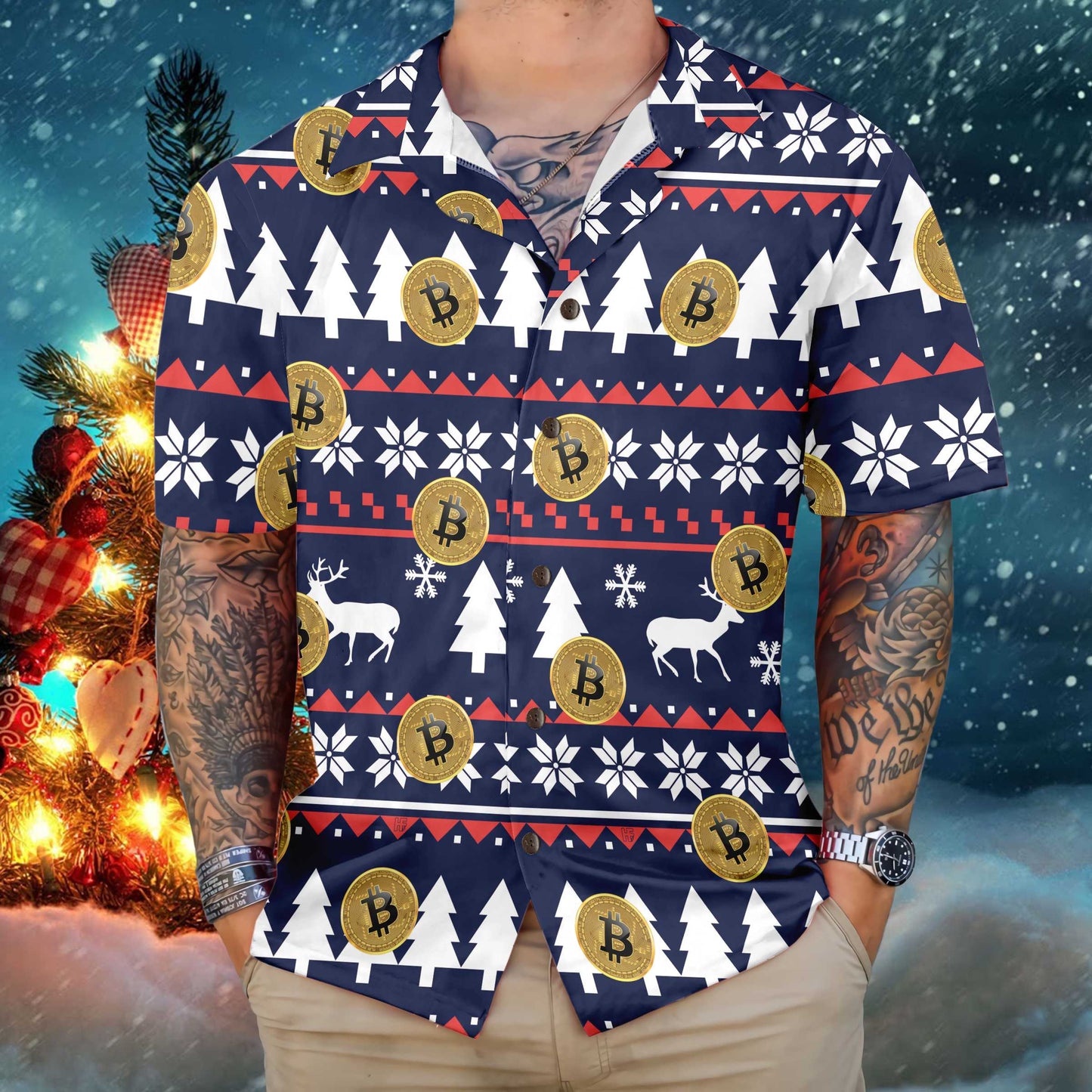 Bitcoin Ugly Christmas Hawaiian Shirt, Christmas Aloha Shirt For Men - Perfect Gift Husband, Boyfriend, Family, Friends