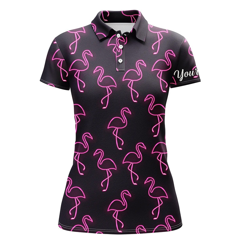 Black Womens Golf Polo Shirt Neon Pink Flamingos Pattern Custom Name Team Golf Polo Shirts, Best Gift For Women