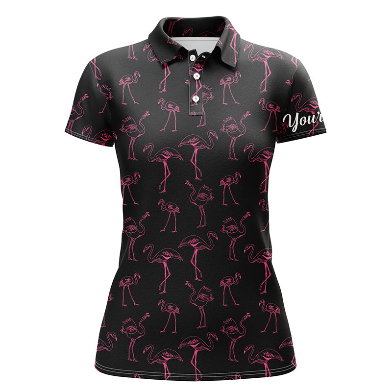 Black Womens Golf Polo Shirt Neon Pink Flamingos Pattern Custom Team Flamingo Golf Shirts, Best Gift For Women