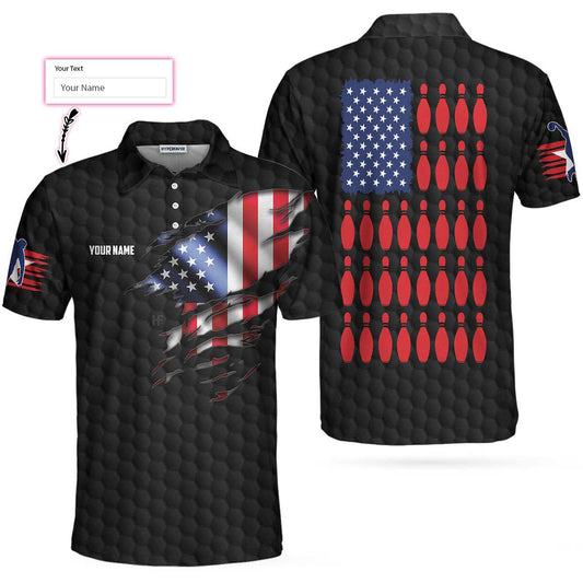 Men Polo Shirt - Black American Flag Bowling Custom Polo Shirt, Personalized American Flag Bowling Shirt For Bowling Fans