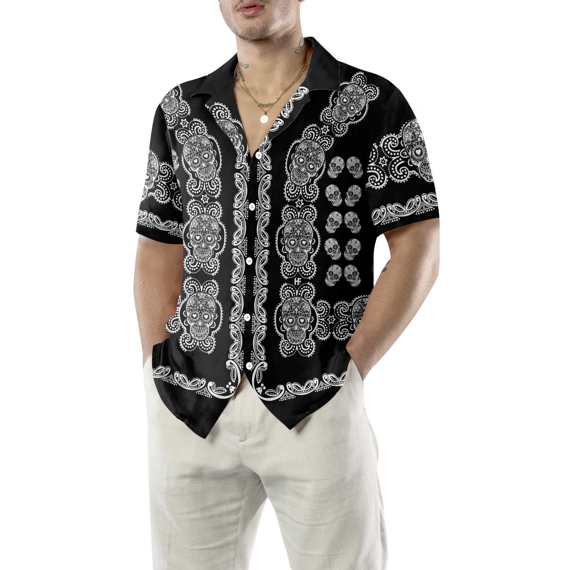 Day Of The Dead Gothic Sugar Skull Roses Halloween Pattern Black And White Hawaiian  Shirts