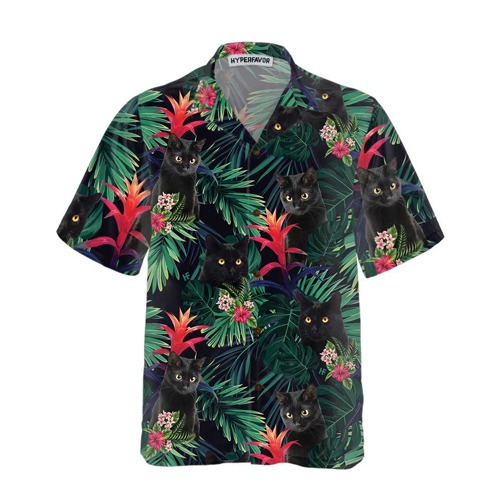 Black Cat And Tropical Pattern Hawaiian Shirt, Cat Themed Gift For Cat Lovers - Perfect Gift Husband, Wife, Boyfriend, Girlfriend, Family, Friends