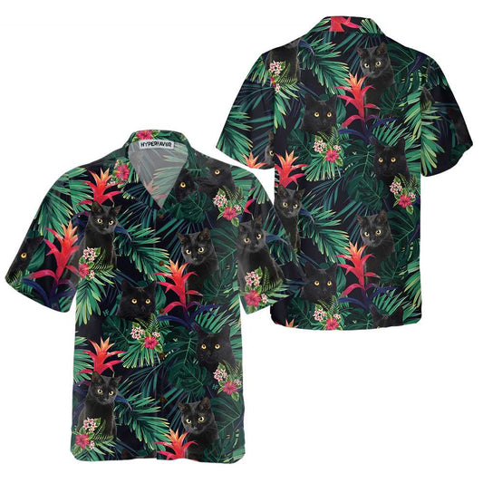 Black Cat And Tropical Pattern Hawaiian Shirt, Cat Themed Gift For Cat Lovers - Perfect Gift Husband, Wife, Boyfriend, Girlfriend, Family, Friends