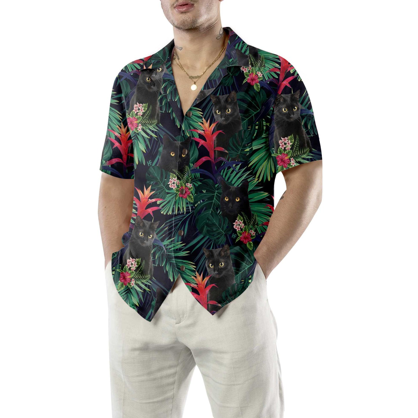 Black Cat And Tropical Pattern Hawaiian Shirt, Cat Themed Gift For Cat Lovers - Perfect Gift Husband, Wife, Boyfriend, Girlfriend, Family, Friends