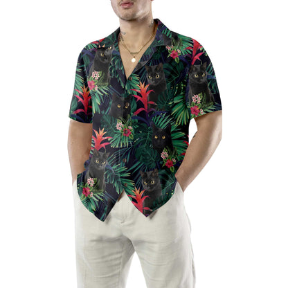 Black Cat And Tropical Pattern Hawaiian Shirt, Cat Themed Gift For Cat Lovers - Perfect Gift Husband, Wife, Boyfriend, Girlfriend, Family, Friends