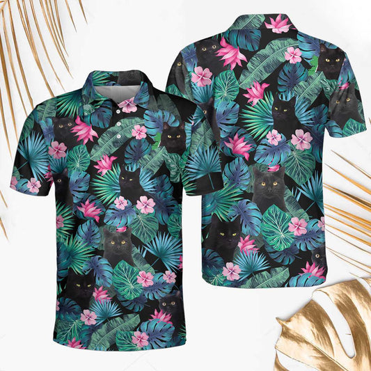 Men Polo Shirt - Black Cat Tropical Short Sleeve Polo Shirt, Cute Floral Polo Shirt, Best Golf Shirt For Men