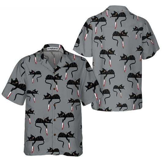 Black Cat With Knife Hawaiian Shirt, Cat Themed Gift For Cat Lovers, Husband, Boyfriend, Friends, Family